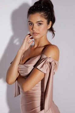 Eureka 9181 Off The Shoulder Gown Ruched Bodice Adjustable Bow Tie Sleeves(Eureka 9181 Off The Shoulder Gown Ruched Bodice Adjustable Bow Tie Sleeves) -Discount Dress Shops 9181TEAROSE2