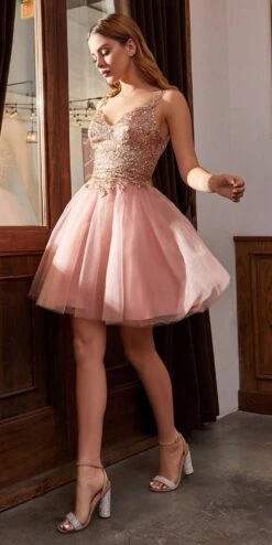 Cinderella Divine 9239 Short Poofy Layered A-Line Gown Tulle Skirt(Short Poofy Champagne Gold A Line Party Ball Gown Tulle Skirt) -Discount Dress Shops 9239 cinderella divine rose gold side