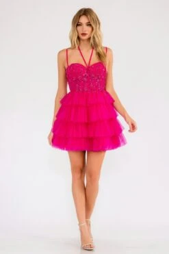 Juliet JT923S Dress Leaf Lace Corset With Ruffle Tulle Skirt(Juliet Jt923s Dress Leaf Lace Corset With Ruffle Tulle Skirt) -Discount Dress Shops 923SFUCHSIA 1