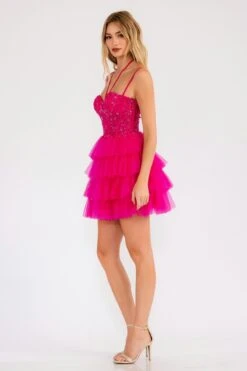 Juliet JT923S Dress Leaf Lace Corset With Ruffle Tulle Skirt(Juliet Jt923s Dress Leaf Lace Corset With Ruffle Tulle Skirt) -Discount Dress Shops 923SFUCHSIA 3