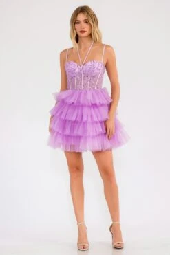 Juliet JT923S Dress Leaf Lace Corset With Ruffle Tulle Skirt(Juliet Jt923s Dress Leaf Lace Corset With Ruffle Tulle Skirt) -Discount Dress Shops 923SLILAC 1