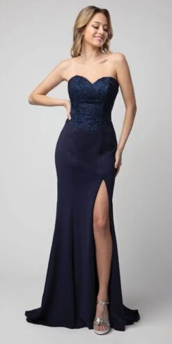 Juno 930 Embellished Strapless Long Prom Dress With Slit(Navy Blue Embellished Strapless Long Prom Dress With Slit)