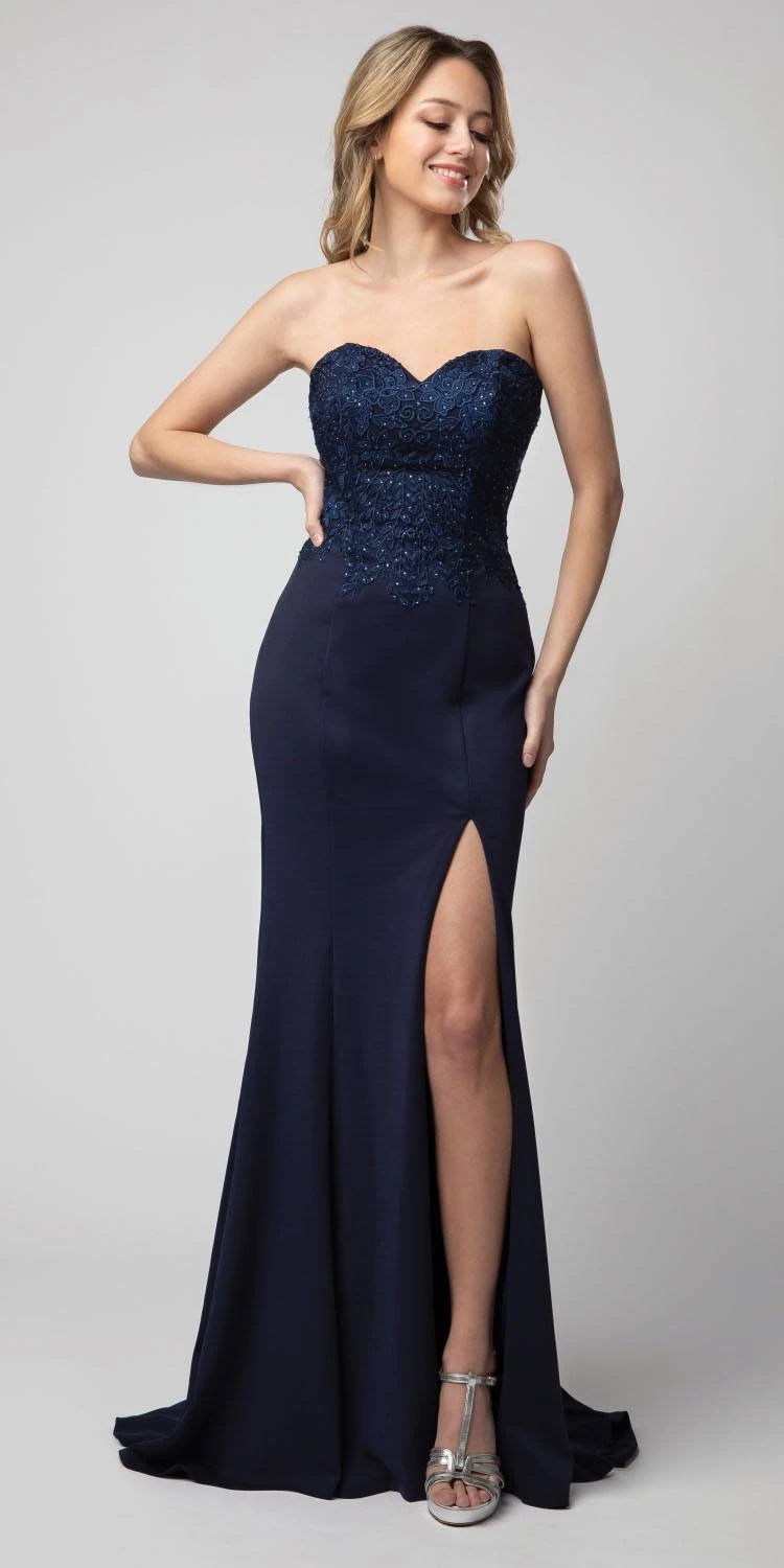 Juno 930 Embellished Strapless Long Prom Dress With Slit(Navy Blue Embellished Strapless Long Prom Dress With Slit) 1 Juno 930 Embellished Strapless Long Prom Dress With Slit(Navy Blue Embellished Strapless Long Prom Dress With Slit)