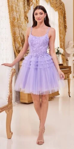 Ladivine 9310 Short A-Line Tiered Tulle Scoop Neckline Cocktail Dress(Ladivine 9310 Short A Line Tiered Tulle Scoop Neckline Cocktail Dress) -Discount Dress Shops 9310 lavender