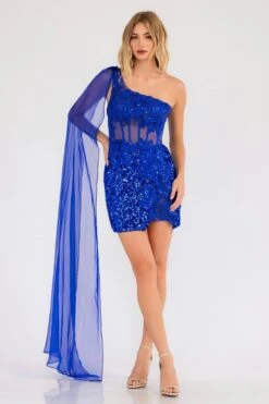 Juliet JT937R Dress One Shoulder Cape Sleeve Cocktail Sequin Gown(Juliet Jt937r Dress One Shoulder Cape Sleeve Cocktail Sequin Gown) -Discount Dress Shops 937RROYALBLUE 5