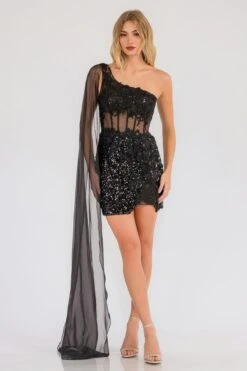 Juliet JT937R Dress One Shoulder Cape Sleeve Cocktail Sequin Gown(Juliet Jt937r Dress One Shoulder Cape Sleeve Cocktail Sequin Gown) -Discount Dress Shops 937RROYALBLUE 8