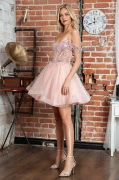 Juliet JT947L Short Off The Shoulder Homecoming A-Line Dress(Juliet Jt947l Short Off The Shoulder Homecoming A Line Dress) -Discount Dress Shops 947ROSEGOLD 3