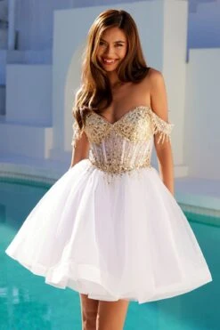 Juliet JT947L Short Off The Shoulder Homecoming A-Line Dress(Juliet Jt947l Short Off The Shoulder Homecoming A Line Dress) -Discount Dress Shops 947WHITEGOLD3522
