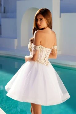 Juliet JT947L Short Off The Shoulder Homecoming A-Line Dress(Juliet Jt947l Short Off The Shoulder Homecoming A Line Dress) -Discount Dress Shops 947WHITEGOLD3530