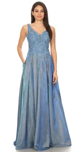 Eureka 9606 Shimmering Long Dress Appliqued Bodice(Mocha Shimmering Long Prom Dress Appliqued Bodice) -Discount Dress Shops 9606 eureka steel blue