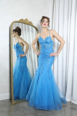 Eureka Fashion 9696 Long Mermaid Open Corset Back Iridescent Sequin Gown(Eureka Fashion 9696 Long Mermaid Open Corset Back Iridescent Sequin Gown) -Discount Dress Shops 9696 eureka azure blue full