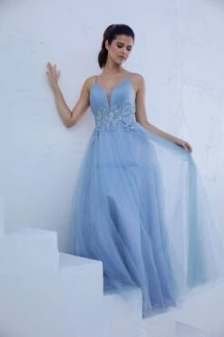 Eureka 9797 Glitter-Mesh Long Dress With Appliques(Glitter Mesh Dusty Rose Long Prom Dress With Appliques) -Discount Dress Shops 9797DUSTYBLUE1