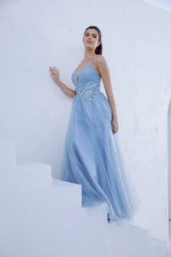 Eureka 9797 Glitter-Mesh Long Dress With Appliques(Glitter Mesh Dusty Rose Long Prom Dress With Appliques) -Discount Dress Shops 9797DUSTYBLUE3