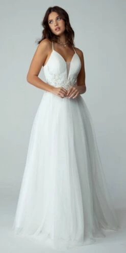 Eureka 9797 Glitter-Mesh Long Dress With Appliques(Glitter Mesh Dusty Rose Long Prom Dress With Appliques) -Discount Dress Shops 9797OffWhite 1