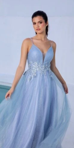 Eureka 9797 Glitter-Mesh Long Dress With Appliques(Glitter Mesh Dusty Rose Long Prom Dress With Appliques) -Discount Dress Shops 9797 eureka dusty blue