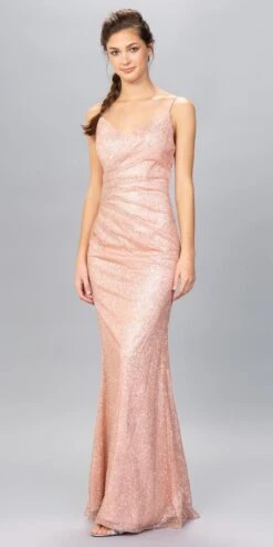 Eureka 9801 V-Neck Glittery Long Formal Dress(V Neck Glittery Long Formal Dress Rose Gold)