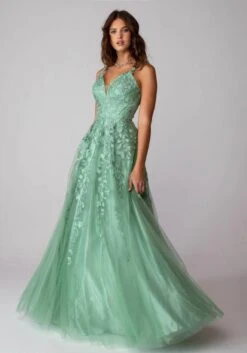 Eureka 9858 Floor Length A-Line Glitter Mesh Gown(Eureka 9858 Floor Length A Line Glitter Mesh Gown) -Discount Dress Shops 9858Sage 1