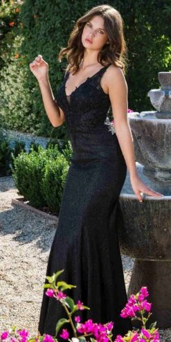 Eureka 9910 Long Fitted Glitter Jersey Dress V-Neckline(Eureka 9910 Long Fitted Glitter Jersey Dress V Neckline)