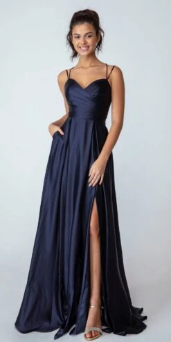 Eureka 9925 Floor Length Satin A-Line Dress With Pockets(Eureka 9925 Floor Length Satin A Line Dress With Pockets) -Discount Dress Shops 9925Navy 2