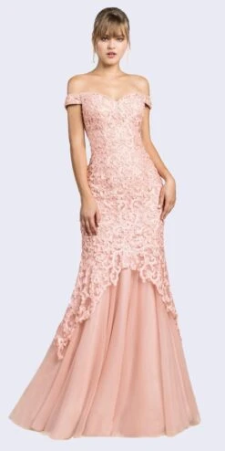 Cinderella Divine A0401 Off-Shoulder Mermaid Dress Lace Overlay Tulle Skirt(Off Shoulder Mermaid Style Long Prom Dress Champagne)