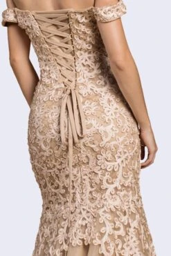 Cinderella Divine A0401 Off-Shoulder Mermaid Dress Lace Overlay Tulle Skirt(Off Shoulder Mermaid Style Long Prom Dress Champagne) -Discount Dress Shops A0401 cinderella divine champagne back
