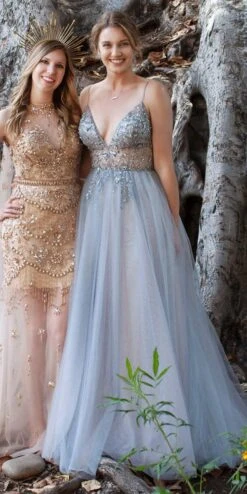 Andrea & Leo A0672 Dress Ophelia V-Neck Embellished A-Line Gown(Andrea Leo A0672 Dress Ophelia V Neck Embellished Prom A Line Gown Smoky Blue) -Discount Dress Shops A0672 andrea and leo smokey blue gallery side left