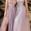 Andrea & Leo A0850 Appliqued Long Dress Sheer-Midriff(Blush Mauve Appliqued Long Prom Dress With Sheer Midriff)