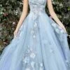 Andrea & Leo A0893 V-Neck Appliqued Lace Bodice Long Tulle Dress(Appliqued Lace Bodice Long Prom Dress Paris Blue)
