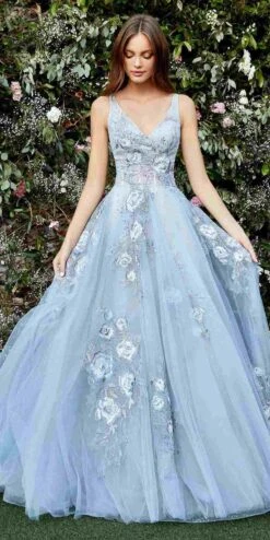 Andrea & Leo A0893 V-Neck Appliqued Lace Bodice Long Tulle Dress(Appliqued Lace Bodice Long Prom Dress Paris Blue)