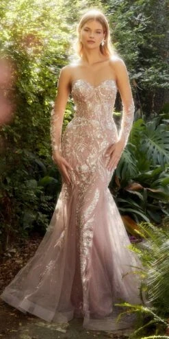 Andrea & Leo A1157 Long Rose-Tinted Glass Beaded Gown With Matching Gloves(Andrea Leo A1157 Long Rose Tinted Glass Beaded Gown With Matching Gloves)