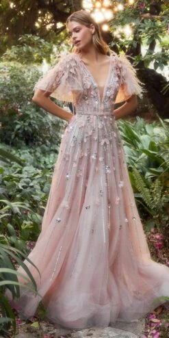 Andrea & Leo A1176 Floor Length Petal Embellished Ruffle Sleeve A-Line Gown(Andrea Leo A1176 Floor Length Petal Embellished Ruffle Sleeve A Line Gown)