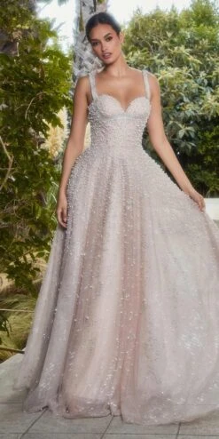 Andrea & Leo A1180 Long Pearleque Ball Gown With Crystal Strap(Andrea Leo A1180 Long Pearleque Ball Gown With Crystal Strap)