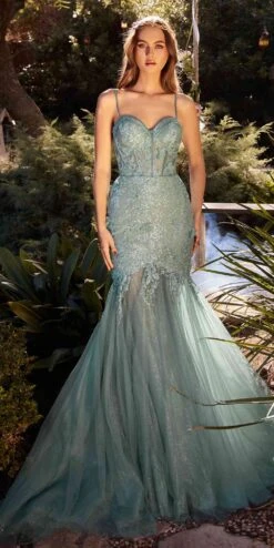 Andrea & Leo A1232 Long Fit And Flare Glitter Tulle Trumpet Gown(Andrea Leo A1232 Long Fit And Flare Glitter Tulle Trumpet Gown) -Discount Dress Shops A1232 sage