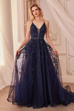 Andrea & Leo A1251 Long V-Neckline Lace Applique A-Line Ball Gown(Andrea Leo A1251 Long V Neckline Lace Applique A Line Ball Gown) 9 Andrea & Leo A1251 Long V-Neckline Lace Applique A-Line Ball Gown(Andrea Leo A1251 Long V Neckline Lace Applique A Line Ball Gown) -Discount Dress Shops A1251 navy 1