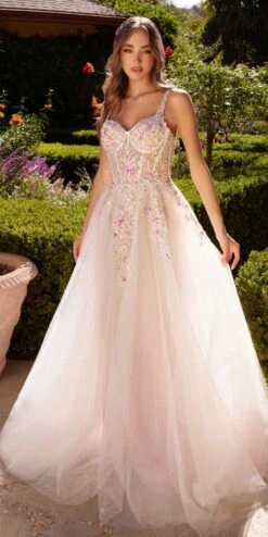 Andrea & Leo A1288 Long A-Line Dress Multicolored Floral Embellishments(Andrea Leo A1288 Long A Line Dress Multicolored Floral Embellishments)