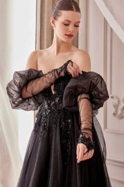 Andrea & Leo A1303 Long Strapless A-Line Glitter Tulle Gown(Andrea Leo A1303 Long Strapless A Line Glitter Tulle Gown) -Discount Dress Shops A1303 black 2