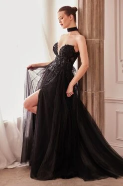 Andrea & Leo A1303 Long Strapless A-Line Glitter Tulle Gown(Andrea Leo A1303 Long Strapless A Line Glitter Tulle Gown) -Discount Dress Shops A1303 black 3