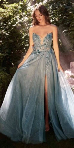 Andrea & Leo A1303 Long Strapless A-Line Glitter Tulle Gown(Andrea Leo A1303 Long Strapless A Line Glitter Tulle Gown) -Discount Dress Shops A1303 smokyblue 1
