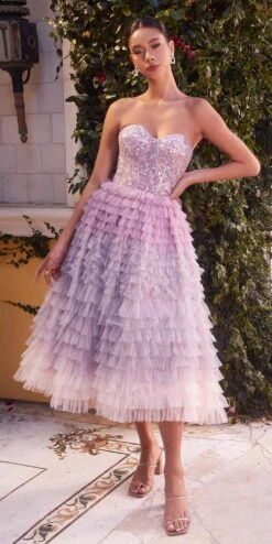 Andrea & Leo A1309 Strapless Layered Ruffled Tulle A-Line Tea Length Dress(Andrea Leo A1309 Strapless Layered Ruffled Tulle A Line Tea Length Dress)