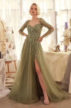 Andrea & Leo A1367 Dress Sequin Embellished Long Sleeve A-Line Gown(Andrea Leo A1367 Dress Sequin Embellished Long Sleeve A Line Gown)