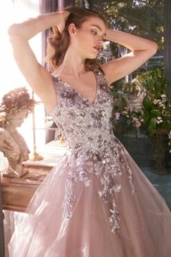 Andrea & Leo A1401 Dress Sequin Bouquet V-Neck Gown(Andrea Leo A1401 Dress Sequin Bouquet V Neck Gown) -Discount Dress Shops A1401 DUSTY MAUVE