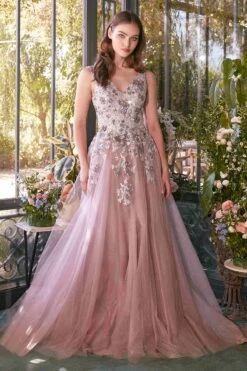 Andrea & Leo A1401 Dress Sequin Bouquet V-Neck Gown(Andrea Leo A1401 Dress Sequin Bouquet V Neck Gown)