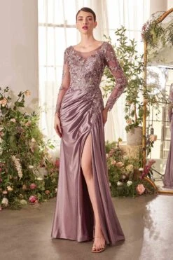 Andrea & Leo A1403 Long Sleeve Side Sash Satin Formal Gown(Andrea Leo A 1403 Long Sleeve Side Sash Satin Formal Gown)