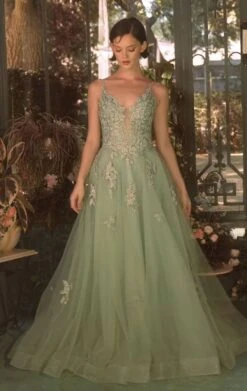 Andrea & Leo A1417 Dress Lace Appliqued A-Line Layered Tulle Gown(Andrea Leo A1417 Dress Lace Appliqued A Line Layered Tulle Gown) -Discount Dress Shops A1417 ANDREA AND LEO SAGE GREEN