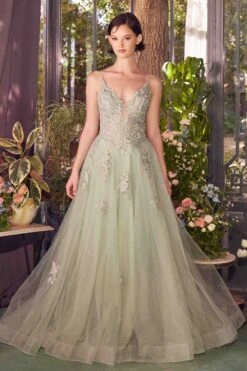 Andrea & Leo A1417 Dress Lace Appliqued A-Line Layered Tulle Gown(Andrea Leo A1417 Dress Lace Appliqued A Line Layered Tulle Gown) -Discount Dress Shops A1417 ANDREA AND LEO SAGE front