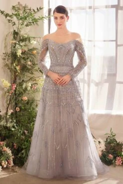 Andrea & Leo A1445 Dress Byzantine Bead Long Sleeve A-Line Gown(Andrea Leo A1445 Dress Byzantine Bead Long Sleeve A Line Gown)