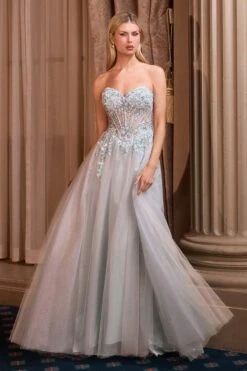 Andrea & Leo A1478 Strapless Sweetheart Boned Bodice Floral Applique Ball Gown(Andrea Leo A1478 Strapless Sweetheart Boned Bodice Floral Applique Ball Gown)