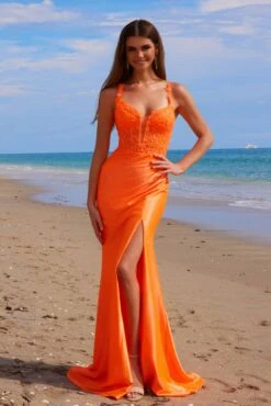 Nox Anabel A1590 Figure-Flattering Satin Prom Dress Front Slit(Nox Anabel A1590 Figure Flattering Satin Prom Dress Front Slit)