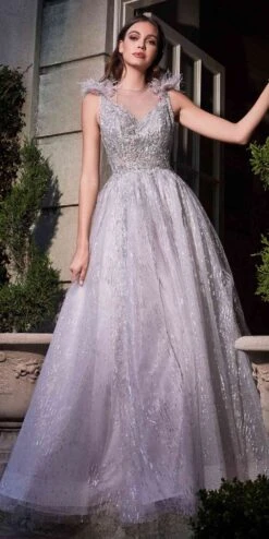 Cinderella Divine B704 Feathered Shoulder Tulle A-Line Ball Gown(Feathered Shoulder Tulle A Line Ball Gown By Cinderella Divine B704) -Discount Dress Shops B704 silver mauve