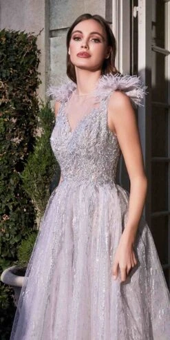 Cinderella Divine B704 Feathered Shoulder Tulle A-Line Ball Gown(Feathered Shoulder Tulle A Line Ball Gown By Cinderella Divine B704) -Discount Dress Shops B704 silver mauve 3